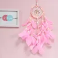 Roze dromenvanger met twee ringen, LED-verlichting en veren voor wanddecoratie - Met LED Verlichting / Roze