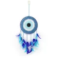 Atrapasueños de ojo azul hecho a mano con plumas turquesas y cuentas blancas decorativas - Azul