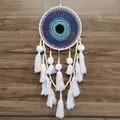 Boho style evil eye dreamcatcher wall hanging decor with white tassels and wood beads - Blue And White Evil Eye Style (MS0118B) / 20x65cm