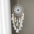 Handmade white Nordic dream catcher featuring blue evil eye beads and cotton tassels - Evil Eye Beaded Style (MS0118C) / 20x65cm