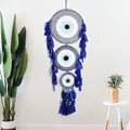 Atrapasueños grande de ganchillo de tres anillos con plumas azules para la pared - Mal de Ojo (MS9520) / Azul