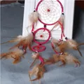 Handgefertigter böhmischer Traumfänger mit drei Ringen in Rosarot und braunen Federn - Drei-Ring Traumfänger (MS7008E) / Fuchsia