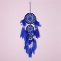 Handgefertigter blauer böhmischer Traumfänger mit drei Ringen, Federn und Perlen als Wanddeko - Drei-Ring Traumfänger (MS9213D) / Saphirblau