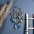 Handmade blue dreamcatcher with spotted feathers and turquoise beads wall hanging. - Retro Native Style (MS9493)