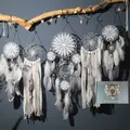 Juego de 5 atrapasueños de pared de estilo nórdico con encaje blanco y plumas grises - Gris (MS9241-1) / Caja de regalo