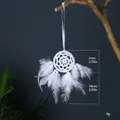 White feather dreamcatcher hanging ornament with size and weight details for car or home - Lace Hollow (MS9306B) / 7cm