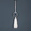 Handmade crochet evil eye wall hanging charm with white cotton rope tassel - White Blue Eye Style (MS9337E)
