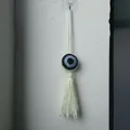 Handmade crochet evil eye wall hanging with white cotton tassel and braided loop - Creamy White Tassel Style (MS9337M)