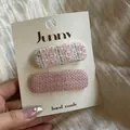 Detaillierte Ansicht von Haarspangen-Set aus rosa Tweed und rosa gewebtem Stoff - Rosa Karierte und Einfarbige Stoffkombination (1#)
