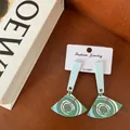 Quirky fan-shaped green acrylic drop earrings with geometric patterns and S925 silver needles - Blue Stripes Green Triangle