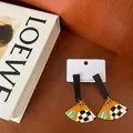 Artistic geometric fan-shaped acrylic drop earrings with S925 sterling silver posts - Black Stripes Orange Triangle