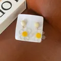 Cute acrylic flower drop earrings with yellow smiley faces and cream bead studs - Yellow White Edged Floral