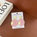Cute pink oval acrylic heart earrings featuring 925 silver needles for sensitive ears - Pink Yellow Heart Round