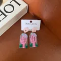 Cute pink cactus acrylic dangle earrings with flower top studs for women - Pink Cactus