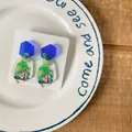 Whimsical acrylic earrings featuring cute cartoon house illustration on S925 silver posts - Blue Rhombus Green House