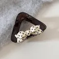 Elegant amber triangular hair claw clip with decorative black and white polka dot bow detail - Triangle Claw Clip (W-5395) / Beige Polka Dot