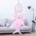 Detailopname van roze dromenvanger met delicate veren en gekleurde kralen in kamer. - Geen lichtstijl / Roze