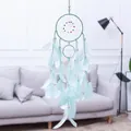Detailweergave van lichtblauwe dromenvanger met zachte veren in een woonkamer. - Geen lichtstijl / Hemelsblauw