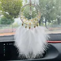White car dreamcatcher ornament with natural amber stones and soft white feathers variant - White Crescent Moon Style (MS4047E)