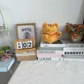 Close-up of a cute yellow Maneki-neko plush toy sitting on a stack of books as a desk ornament. - Fortune Cat / Tan / 20cm