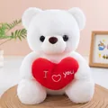 Cute white plush teddy bear holding a large red heart with I love you embroidery - Holding Heart (White)