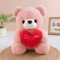 Cute pink teddy bear plush toy holding a red heart with I Love You embroidery detail - Holding Heart (Pink)