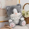 Adorable soft gray and white plush cat toy with decorative lace collar and pink paw pads - 23cm / Gray