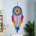Grande acchiappasogni da parete boho arcobaleno con piume e perline tessute a mano - Cerchi concentrici colorati / 40*110cm / Arcobaleno