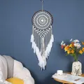 Grande acchiappasogni bohémien tessuto a mano con morbide piume bianche da parete - Stile Piuma Intrecciata Concentrica / 35cm / Bianco