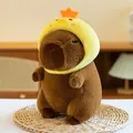 Adorable brown capybara plush toy wearing a cute yellow chicken hood detail shot - 25cm / Duck Hat Capybara