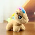 Cute tan plush pony keychain featuring a colorful rainbow mane and yellow clip - Rainbow Pony Charm / Brown