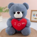 Adorable grey teddy bear plush toy holding a soft red heart with I Love You embroidery - Holding Heart (Grey)