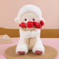 Detailed close-up of a soft white plush sheep doll holding vibrant red magnetic roses - Red / 30cm (With Magnetic)