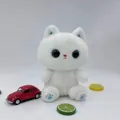 Front view of a cute white plush cat toy with big black eyes and blue paw details - 22cm / White