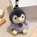 Close-up view of a cute fluffy grey penguin plush keychain with a fashion tag pendant - 12cm / Penguin