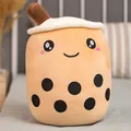 Cute beige bubble tea cup plush toy pillow with a smiling face and black boba pearls - Height 24cm / Dark Brown Round Eyes