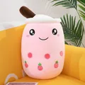 Cute pink boba milk tea plush pillow featuring strawberry patterns and a smiley face design - Height 24cm / Pink Round Eye