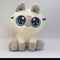 Detailed front view of a cute sitting cat plush toy featuring large embroidered eyes - 22cm / Gray
