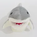 Detailed view of a soft grey shark hand puppet plush toy with an open mouth design. - Gray / 25cm