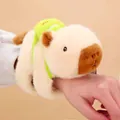 Macro view of a cute capybara plush slap bracelet worn on a wrist, soft texture. - Beige Open Eyes (Wagging Tail) / 18cm