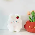 Close-up of fluffy white rabbit cookie plush toy with strawberry embroidery detail - Strawberry Applique Embroidery / White / 20cm