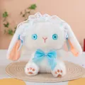Detailed view of a cute Lolita-style white plush rabbit toy with blue lace and polka dot bow - Light Blue / 22cm
