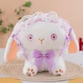 Detail view of a Lolita style white plush rabbit with purple lace bonnet and bow - Lavender / 22cm