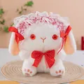 Macro view of cute white rabbit plush toy wearing a lace bonnet and red bow tie accessory - Red / 22cm
