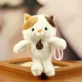 Detailed view of a soft and fluffy tricolor plush cat doll keychain with pink strap - Cat