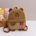 Cute brown Capybara plush backpack with strawberry patch for girls and students - Strawberry Embroidery Capybara Bag / 25cm