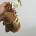 Detailed view of a cute brown capybara plush keychain wearing a small green backpack - Capybara with Turtle Backpack / 10cm