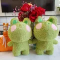 Detail showing the textured popcorn fleece and cute facial features of the shy frog plush - Green Frog / 22cm