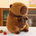 Detailed view of a cute brown capybara plush toy wearing a cozy knitted scarf - Scarf Style / Height 23CM