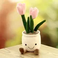 Adorable plush pink tulip flowers in a smiley face pot decoration on wooden surface - 35cm / Pink